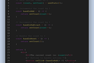 Code snippet of the counter app using hooks