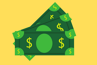 Three green dollar bills on a yellow background.