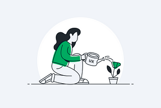 An illustration of woman watering a plant with a watering can that has “UX” on its side