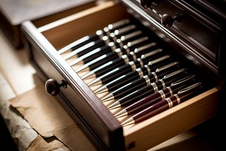 An ornate desk drawer lined with high-quality ink pens
