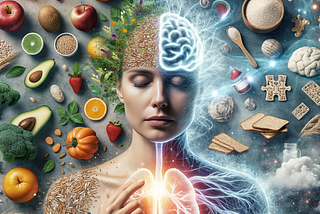 Illustration of a woman with elements of nature and different foods high in carbohydrates for brain health and mental well-being. The quality carbs foods surround her head and chest. The image combines elements like fruits, vegetables, nuts, grains, and brain and lung anatomical imagery to symbolize holistic health and nutrition.