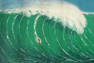 Painting of surfer surfing the middle of a giant blue-green wave.