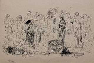 Bazaar
 Year: 1964
 Size: 10.2 x 14.2 Inch
 Medium: Pen and Ink on Paper