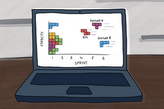 Illustration of a laptop with Tetris tiles falling right to left, on a laptop, with each piece representing a backlog item