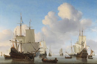 Dutch men-o'-war and other shipping in a calm by Willem van de Velde II