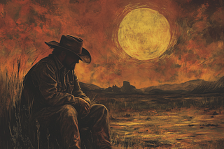 Silhouette of a lone cowboy sitting under a blazing sunset, reflecting across an open western landscape.