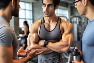 Three men in a gym talking to each other about their weekend. One has a grey vest with a black outline. You can see his muscles one has glasses on and a blue t-shirt he is holding a water bottle. The last man has a grey T-shirt on and is using hands to make a point while he is taling to the other men