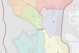 A map of Seattle’s seven city council districts after the recent redistricting. Source: https://davesredistricting.org/maps#viewmap::7ea13b8a-a1f7-4bea-96f4-7b2def9dc746