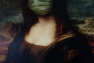 Photograph of Mona Lisa wearing a green Covid-19 mask.