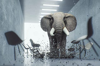 An elephant stampeding through a hallway, chairs and debris scattering.