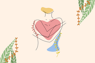 Illustration of female body outline hugging herself and surrounded by plants