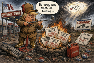 In the background a gas station with a sign says “GOVERNMENT-OWNED.” Donald Trump caricature dressed like Elmer Fudd is holding a golf club like it's a rifle. A SPEECH BUBBLE above his head says “Be vewy, vewy quiet, I'm hunting . . . “ He's standing next to a roaring fire in a pit with a gas can sitting next to it. Several “U.S. GOVERNMENT CONTRACT OF OWNERSHIP” papers stamped in red “PAID BY TAXPAYERS” are in the firepit. A SPEECH BUBBLE from the sky says “Hey, It's ME God.” A yard sign in the background says “COMMUNISTS NOT WELCOME.” A tax bill addressed to “MILLIONAIRE” is laying next to the yard sign. “VOTE” election buttons are disbursed on the ground. A sign laying on the ground beside the Trump says “CAPITALISM”. It looks like it was run over.