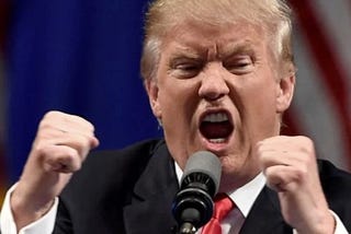 Trump, fists clenched, mouth in his usual oval, screaming