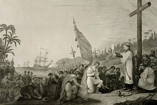 painting of people kneeling before a priest in front of a cross with ships on the sea in the background.