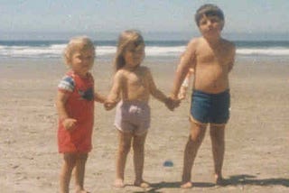 1986 — Nye Beach, Newport, Oregon with my three kids, Jeremy (age 2), Melissa (age 3), and Stevie (age 5) (Photo taken by author a long time ago)