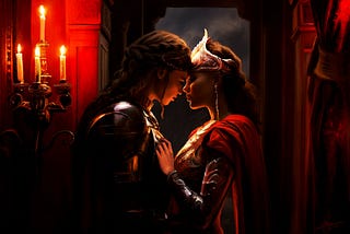 Fantasy painting of a young princess and an armored woman guard in an intimate pose in a secluded candlelit alcove with warm yellow and red light