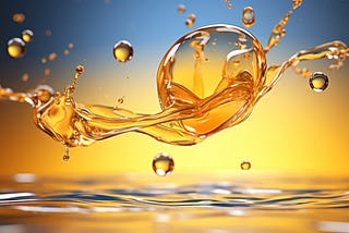 A close-up photograph of a drop of fish oil, bouncing off liquid.