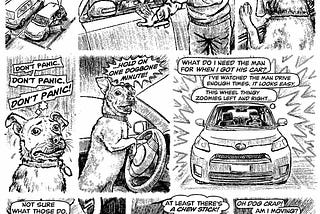 Page 1 of “The Wind In My Fur,” a 2 page comic by E.R. Flynn about his dog Zeke. See more of my art at https://erflynn.art