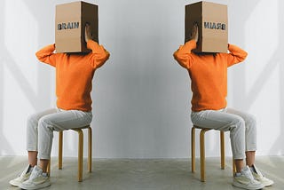 On the left, aperson in an orange sweater with a cardbox on their head that says “brain.” A mirror image of the stock photo appears on the right.