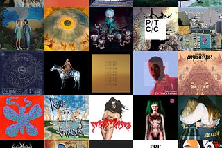 A collage of 15 covers from 2022 albums by DOMi & JD Beck, Yonatan Gat, Bjork, Porcupine Tree, Nilufer Yanya, The Comet Is Coming, Beyonce, The Mars Volta, Forest Claudette, King Gizzard & The Lizard Wizard, Dehd, King Stingray, ROSALIA, yeule, and Wet Leg