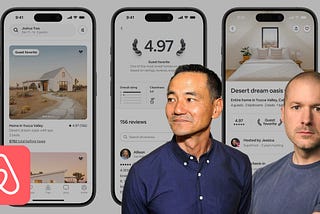 An edited image of Jony Ive and Hiroki Asai on top of Airbnb product images background