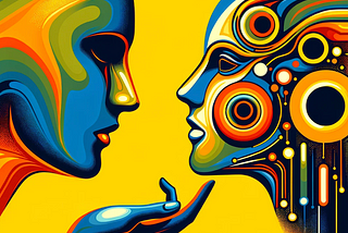 human and Ai facing off in pop art style