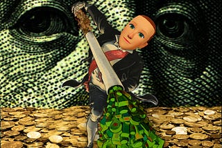 A tuxedoed figure dramatically shoveing greenish pigs into a tube, from whose other end vomits forth a torrent of packaged goods. He has the head of Mark Zuckerberg’s ‘metaverse’ avatar. He stands upon an endless field of gold coins. The background is the intaglioed upper face of the engraving of Benjamin Franklin on a US$100 bill, roughed up to a dark and sinister hue.