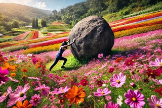 The woman is pushing a giant rock uphill out of her way.