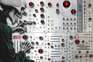 A complex control panel whose knobs have all been replaced with the menacing red eye of HAL9000 from Kubrick’s ‘2001: A Space Odyssey.’ A skeletal figure on one side of the image reaches out a bony finger to twiddle one of the knobs. Image: Cryteria (modified) https://commons.wikimedia.org/wiki/File:HAL9000.svg CC BY 3.0 https://creativecommons.org/licenses/by/3.0/deed.en — djhughman https://commons.wikimedia.org/wiki/File:Modular_synthesizer_-_%22Control_Voltage%22_electronic_music_shop_in