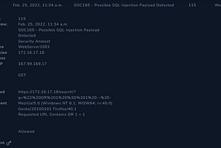 SOC165 — Possible SQL Injection Payload Detected