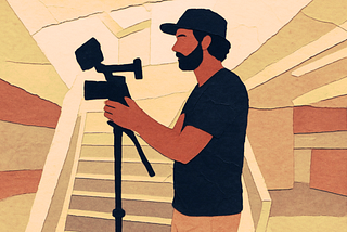 Man with video camera in front of stairs