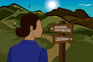 A professional looking woman hiking on a path with a navigation sign that presents to routes: Individual Contributor and Leadership.