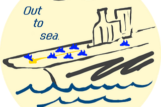 Aircraft carrier out in the ocean somewhere with “Out to sea” written above. Illustration by Jeff Stilwell.