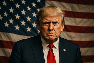 Emotionally charged portrait of former President Donald Trump standing against a large American flag, his face shadowed and tense. The lighting emphasizes deep lines and a hard expression, symbolizing defiance and indifference. The flag behind him billows in uneven, turbulent folds, suggesting national conflict and moral imbalance. The overall composition conveys the stark contrast between presidential power and the human consequences of policies affecting vulnerable Americans.