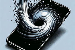This image depicts a minimalist, high-contrast scene featuring a smartphone with a powerful vortex emanating from its screen. The vortex is pulling in everything around it, with reality dissolving into pixels as they are sucked into the phone. The visual is stark and impactful, using mainly black, white, and shades of gray to emphasize the dynamic action.