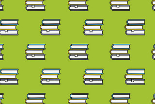 A pattern made up of a repeated icon of two books on top of each other. The top book has a bright blue cover, the middle book has a yellow cover and the bottom book has a purple cover. The piles of books are on a bright green background.