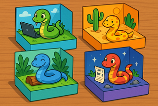 Ilustración animada en estilo 2D que muestra varias serpientes de colores, cada una dentro de una caja o microhábitat sobre un escritorio de madera. Cada serpiente representa un entorno virtual de Python y realiza una actividad distinta, como programar o descansar.