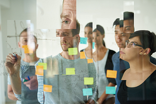 A team standing at a whiteboard brainstorming. Each member of the team is distorted so that their faces look misaligned.