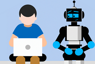A human programmer on a laptop, next to a robot, with a kind expression on its face, as if to say “Good job, buddy.”