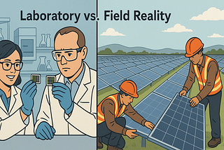 ChatGPT generated a panoramic image illustrating “Laboratory vs. Field Reality”: on the left, scientists examine small, high-efficiency perovskite cells in a lab; on the right, workers install conventional silicon PV modules across a sprawling solar farm