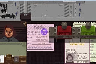 A screenshot of Papers, Please, showing your work desk.