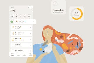 A character with long orange hair and geometric shapes inside showing the Ui of the Habits application.