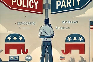 An illustration of a thoughtful voter standing at a crossroads, with one sign pointing left labeled ‘Policy’ and another pointing right labeled ‘Party.’ The image symbolizes the decision-making process of voting based on values and policies rather than political party affiliation. The design features muted tones, clean lines, and subtle symbols representing both Democratic and Republican parties, while maintaining a neutral stance.”