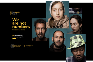 A black screen with images of refugees, and a description that reads “We ate not numbers”