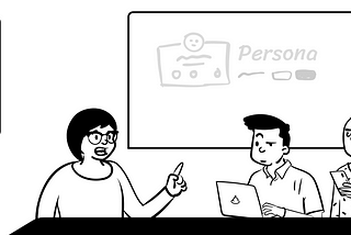 Cartoon of people in a meeting room. Having a content testing session.