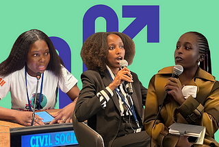 Three young people passionately speaking at different events. One wears a white t-shirt, another in a striped shirt and black blazer holding a mic mid-sentence, and a third in a tan trench coat with a notebook in hand, speaking confidently. A stylized upward arrow in purple is in the background, symbolizing progress.