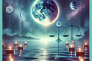 A huge Moon, floating above teal and turquois water. Candles floating on the water with Libra scales in the distance