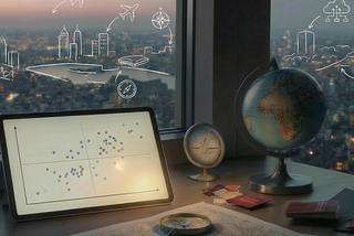 Desk with a globe, ipad, and passports overlooking the city. A scatterplot is present on a ipad. The windows have HUD like white doodles on them, highlighting important buildings in the cityscape.