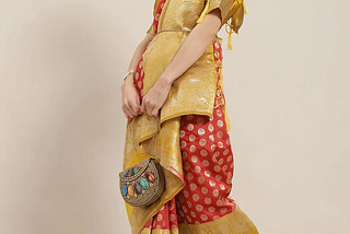 Red & Mustard Golden Zari Work Banarsi Saree — Best online stores for women’s dresses — cattlebear.c