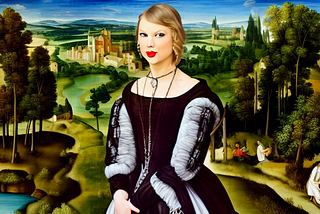 AI generated image of Taylor Swift in a renaissance landscape wearing a period dress